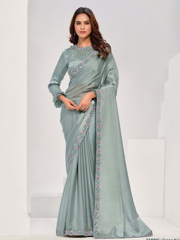 Slate Blue Crepe Satin Silk Saree